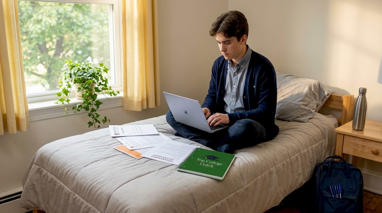 Student applying to Ivy League in dorm room