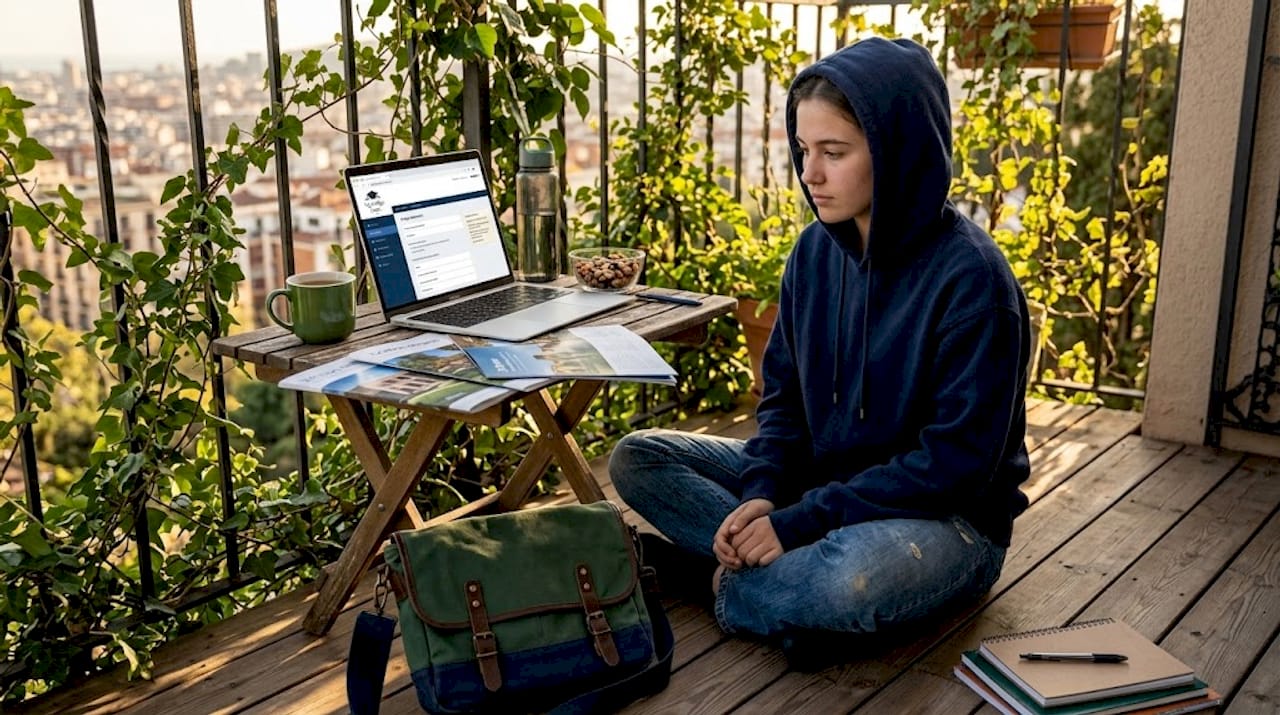 Student researching colleges on living room floor