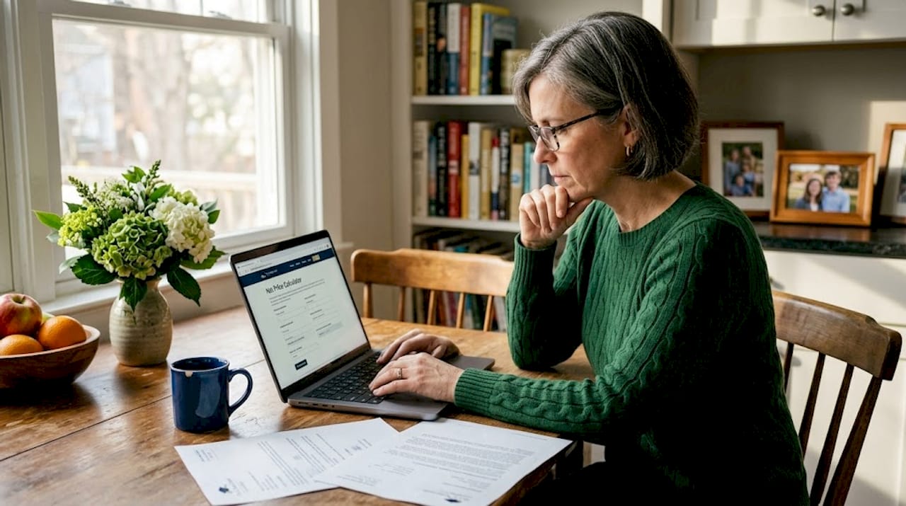 Parent using net cost calculator at kitchen island