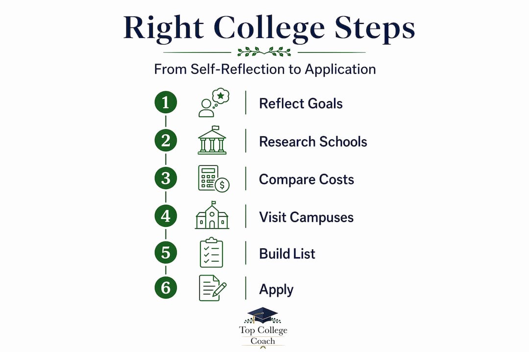 Infographic of college selection steps in order