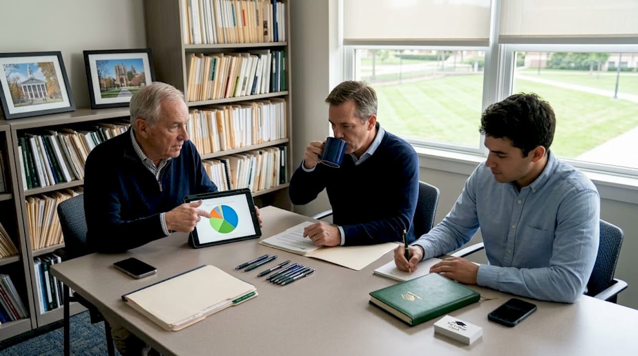 Admissions team reviews applications at office table