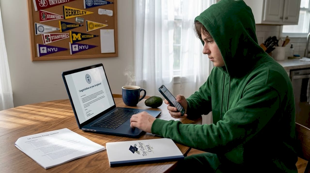 Student viewing college acceptance letter on laptop