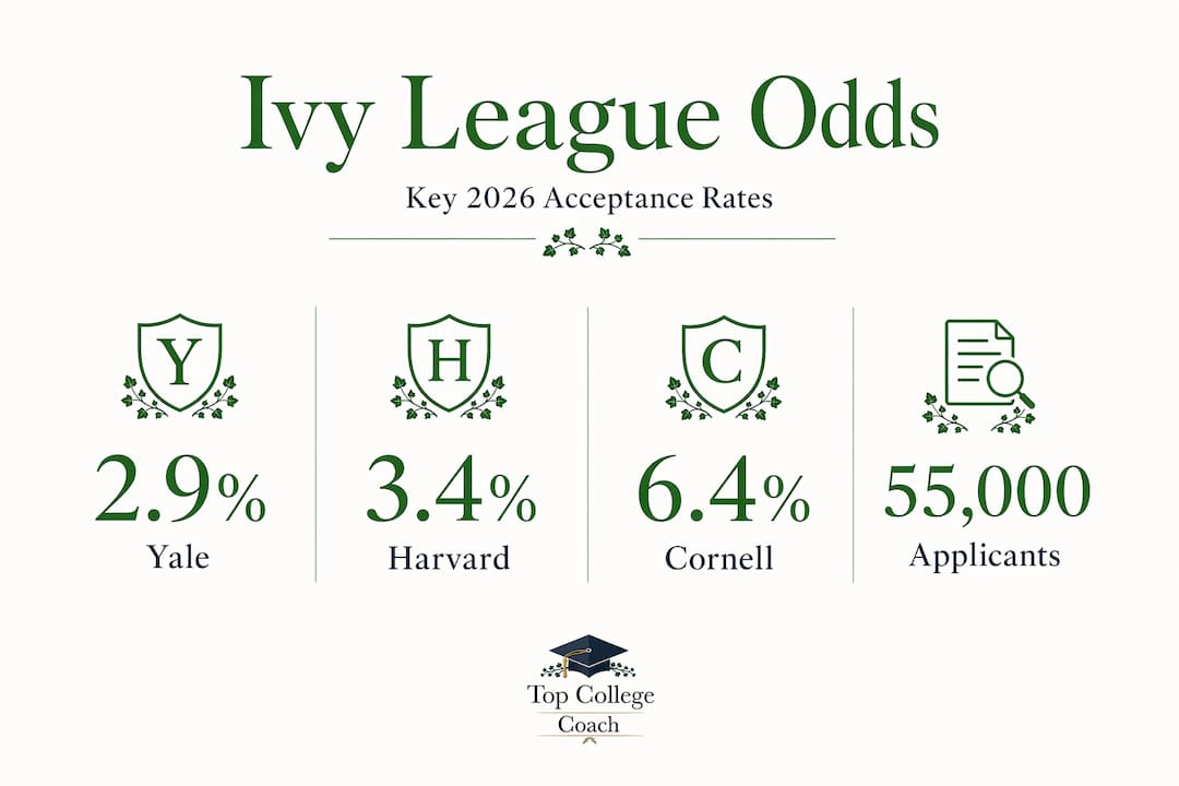 Infographic with Ivy League acceptance rates and applicant numbers