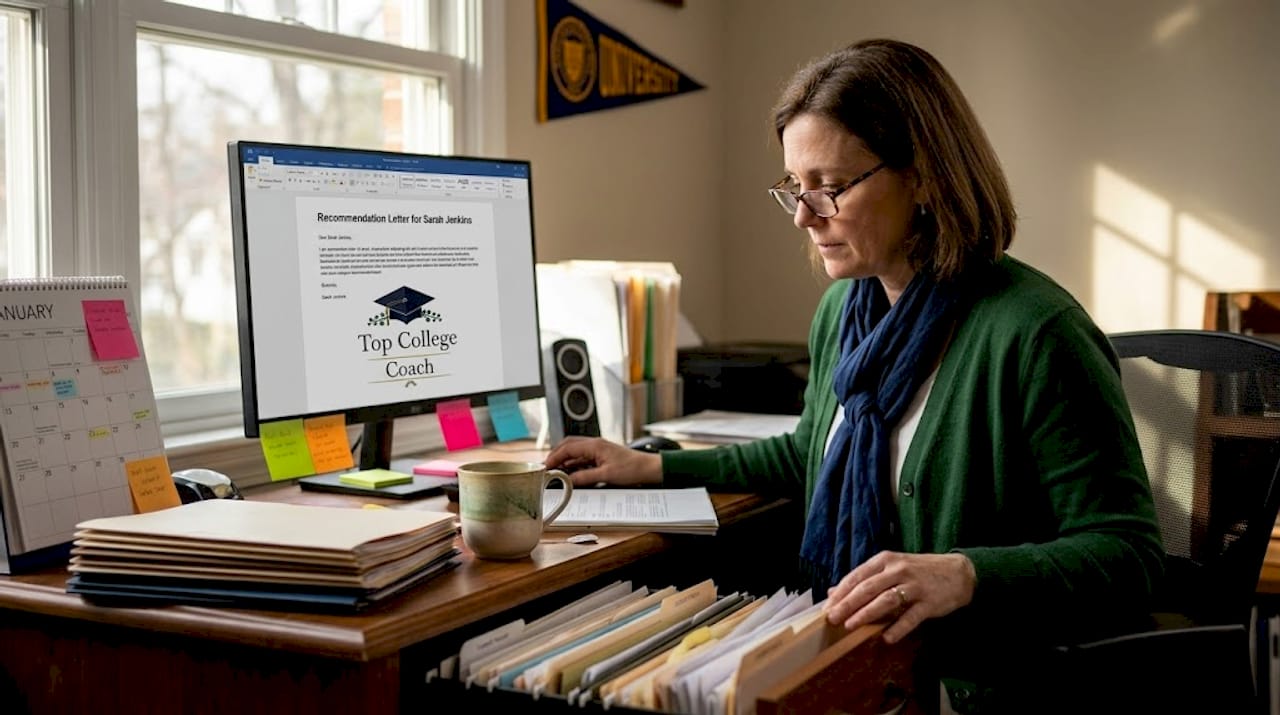 Counselor writing recommendation letter at desk
