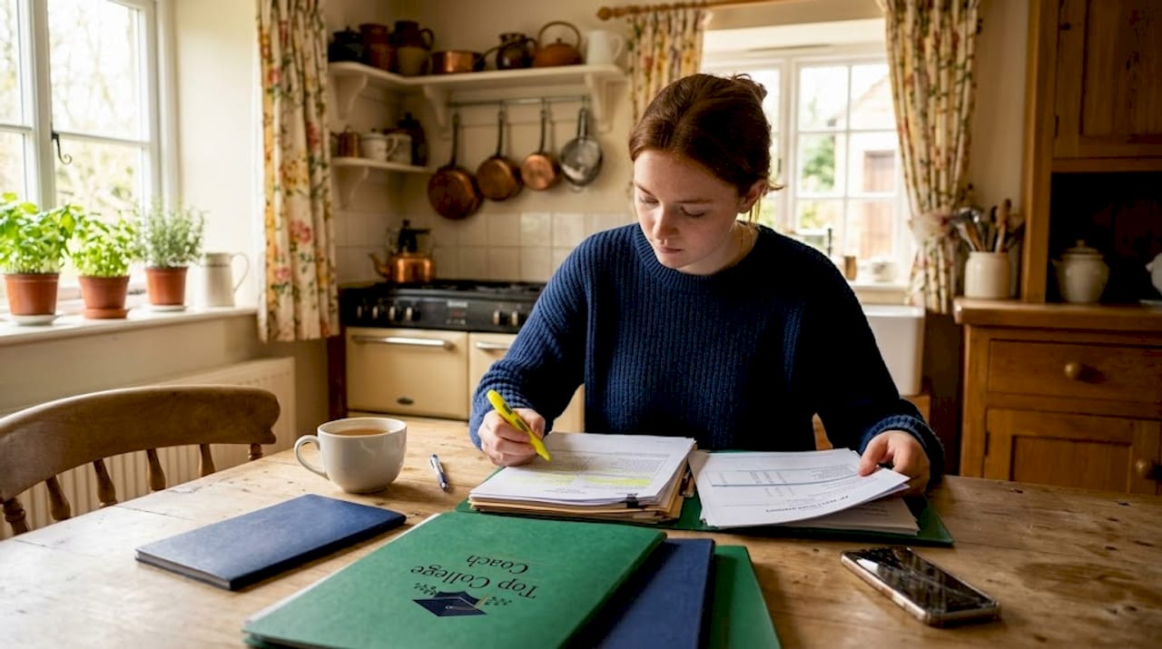 Student reviews transcripts at kitchen table