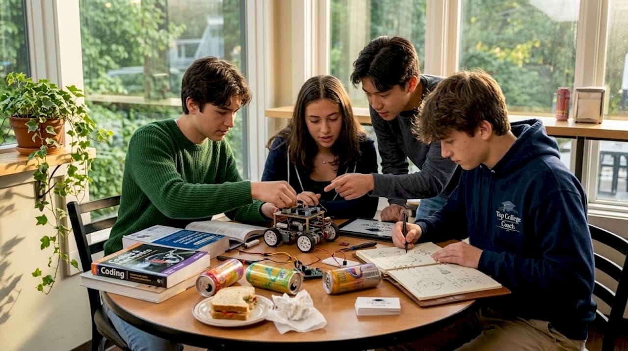 Students collaborating at school club table
