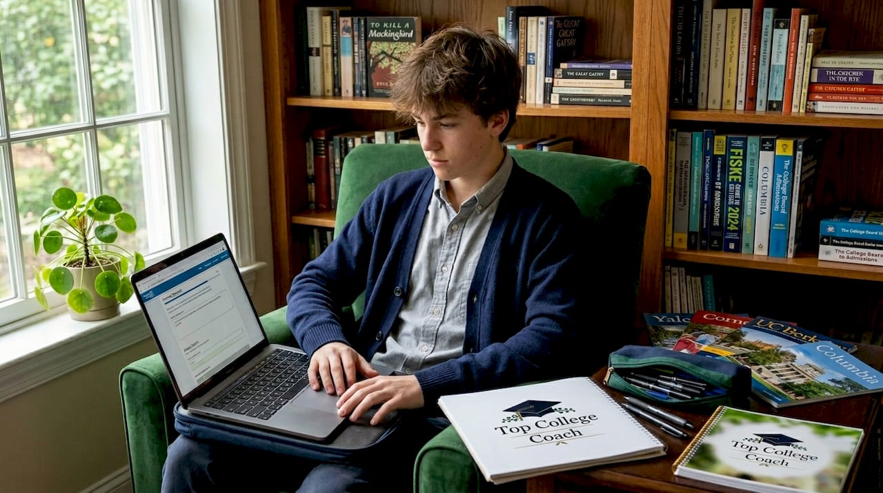 Student filling college application in home