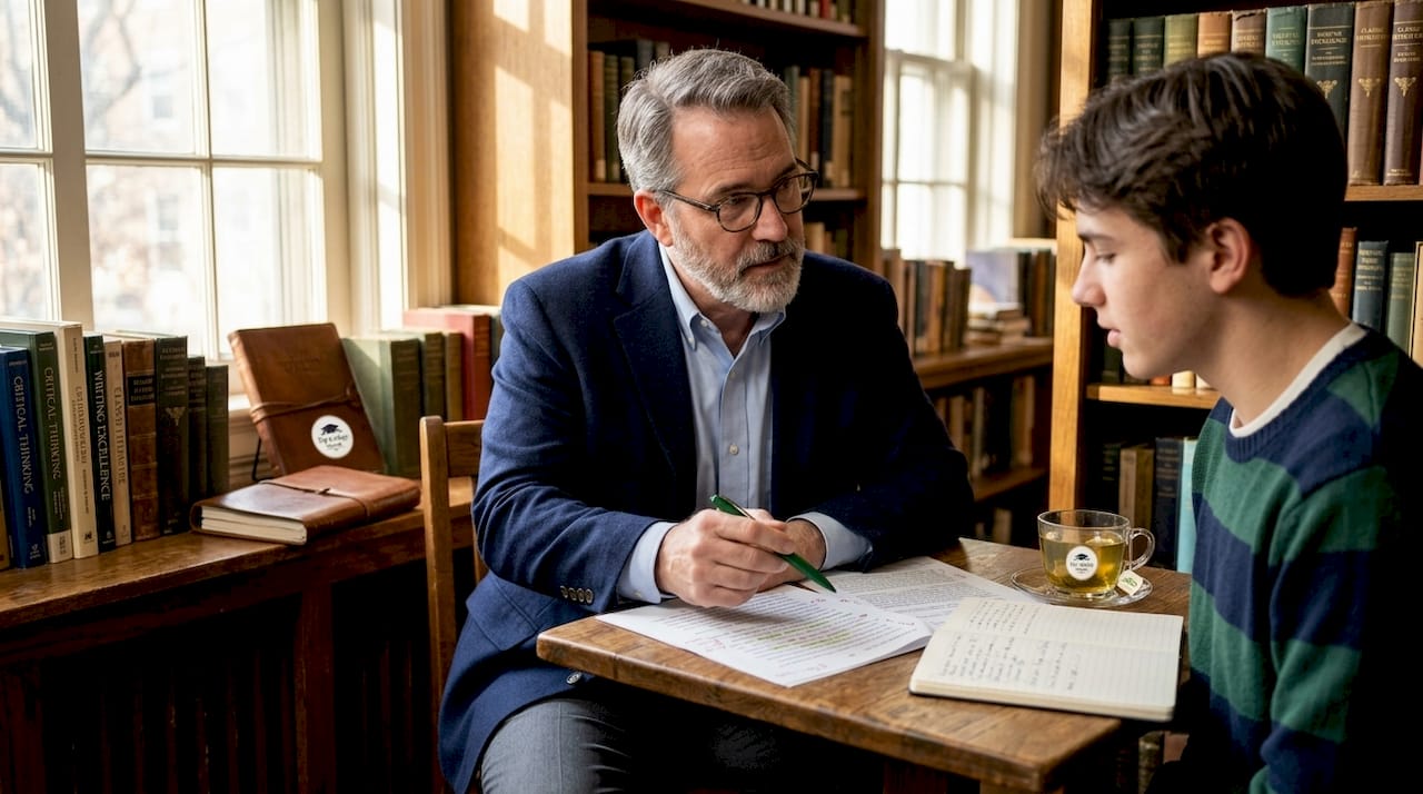 Advisor reviewing student essay in campus study room