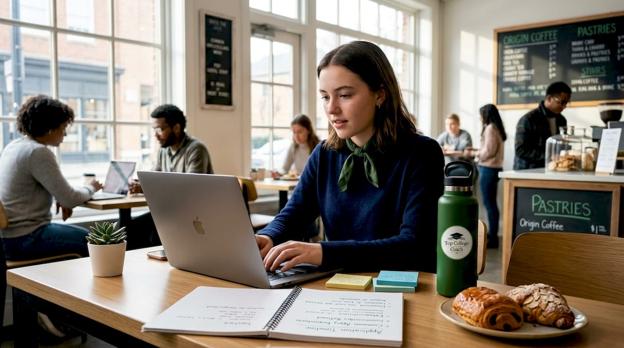 Student writing UC application essay at bedroom desk