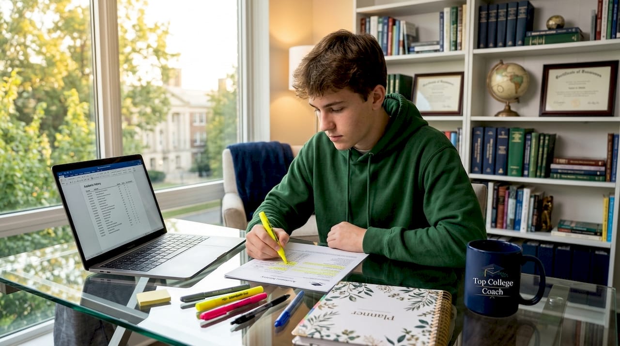 Student reviewing transcript and study notes
