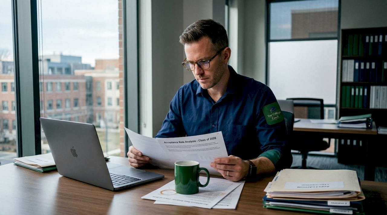 Admissions officer reviewing acceptance rate data