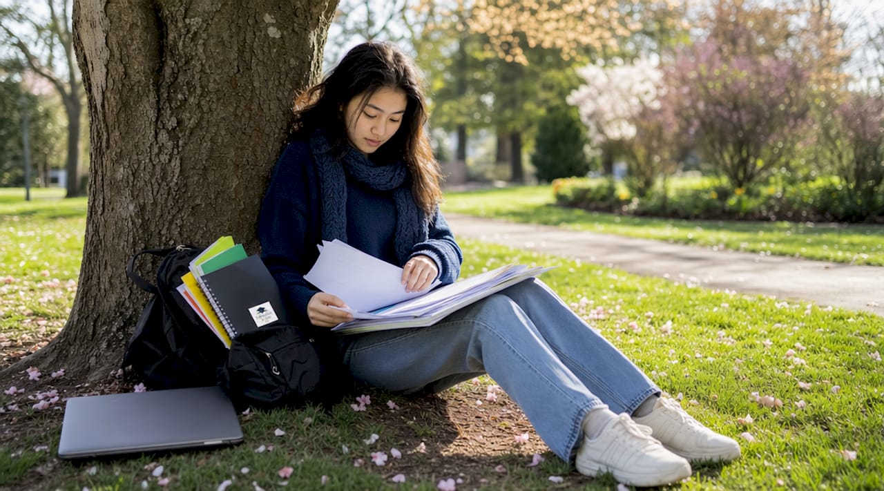 Student organizing college application papers on bench
