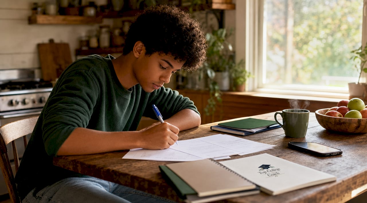 Student filling college application forms at desk