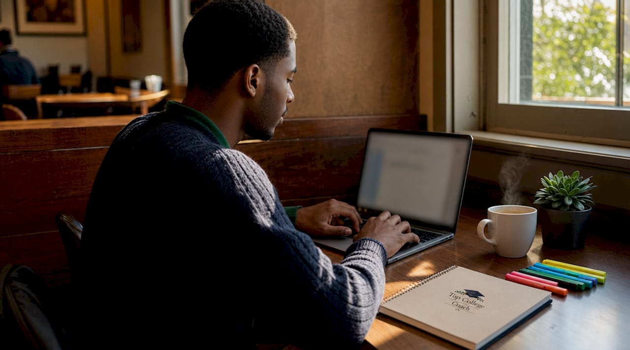 Hands typing scholarship essay on laptop