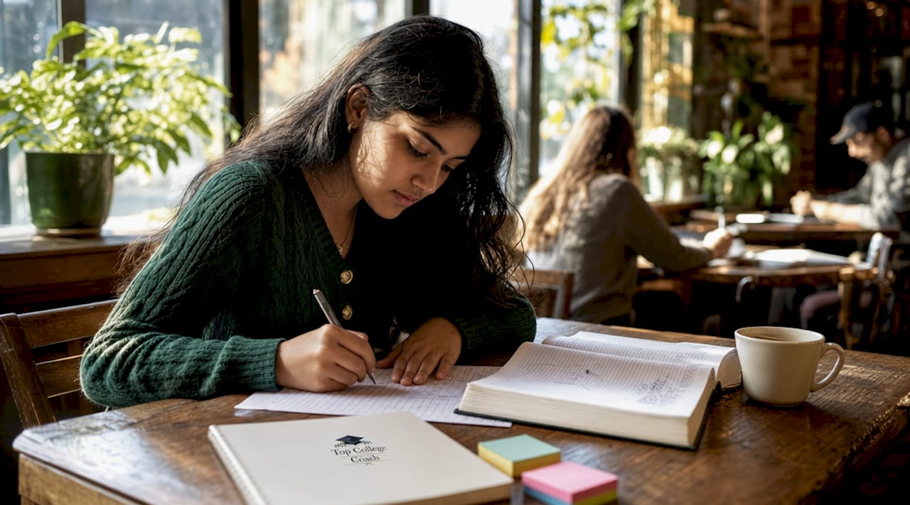Student writing scholarship essay at desk