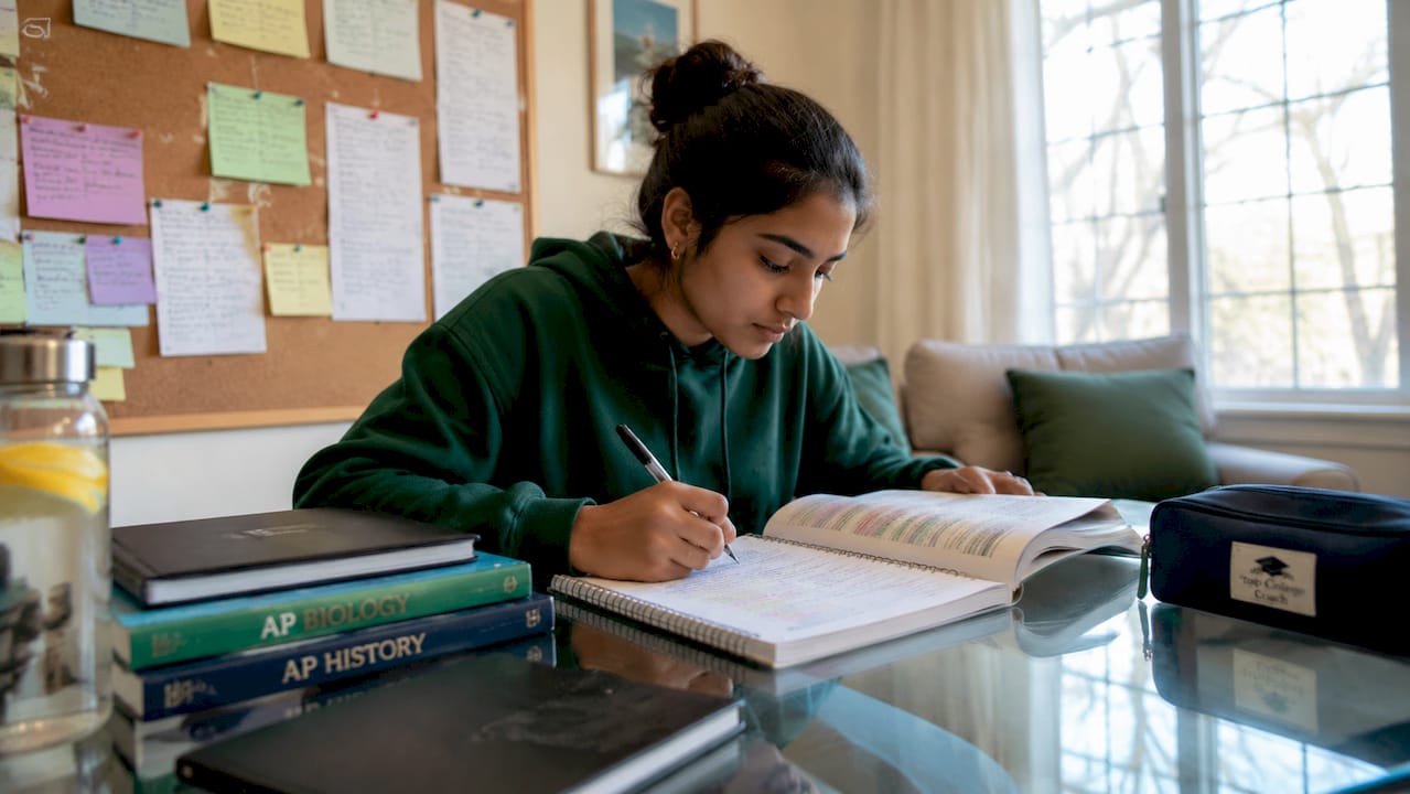 Teen girl studying AP courses at home desk