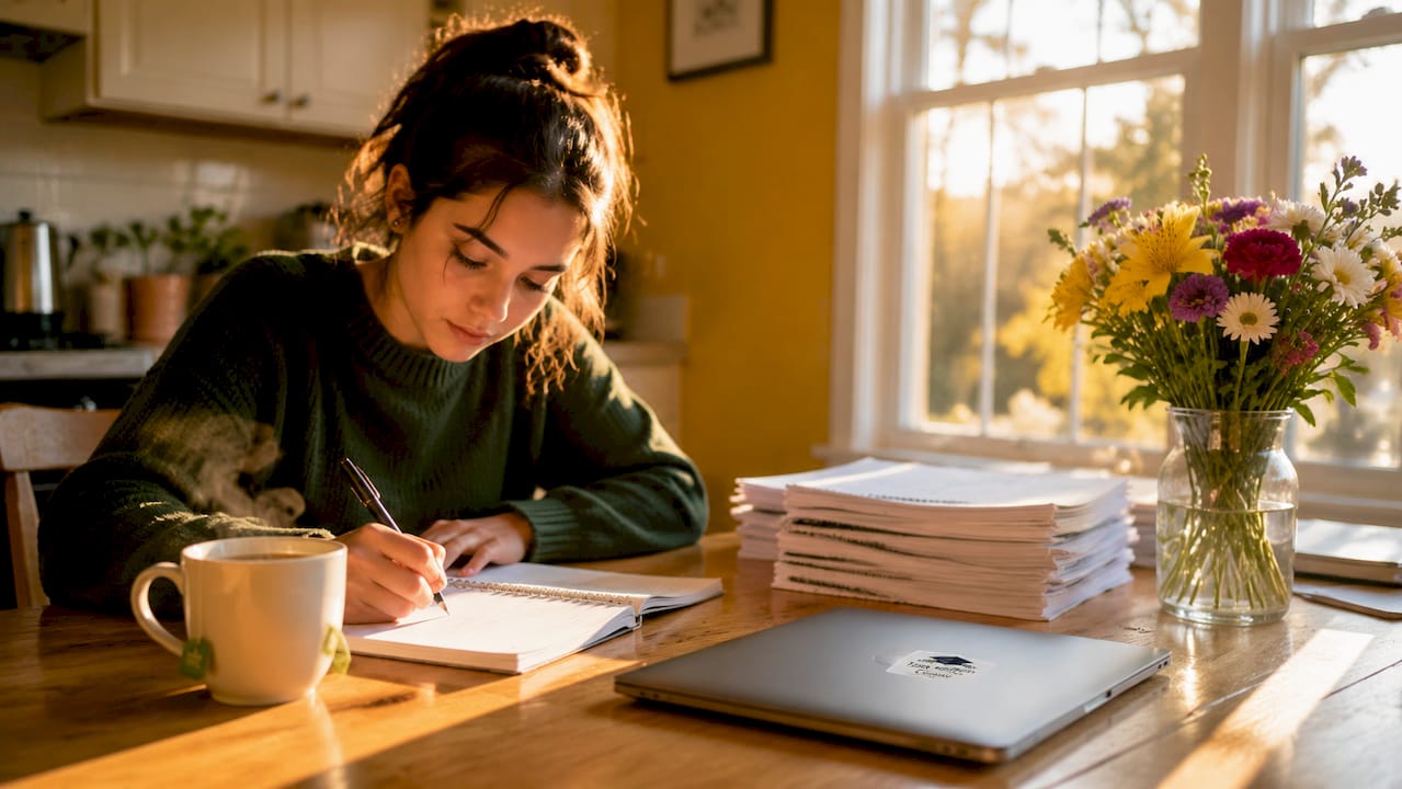 Student writing personal statement at desk