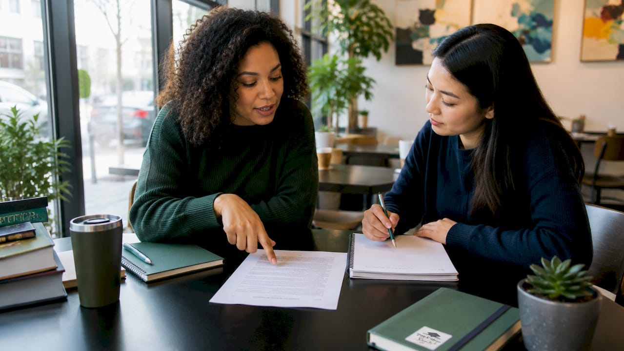 Two advisors reviewing college essay draft together