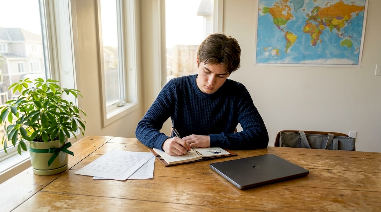 Student writing personal statement at desk in bedroom