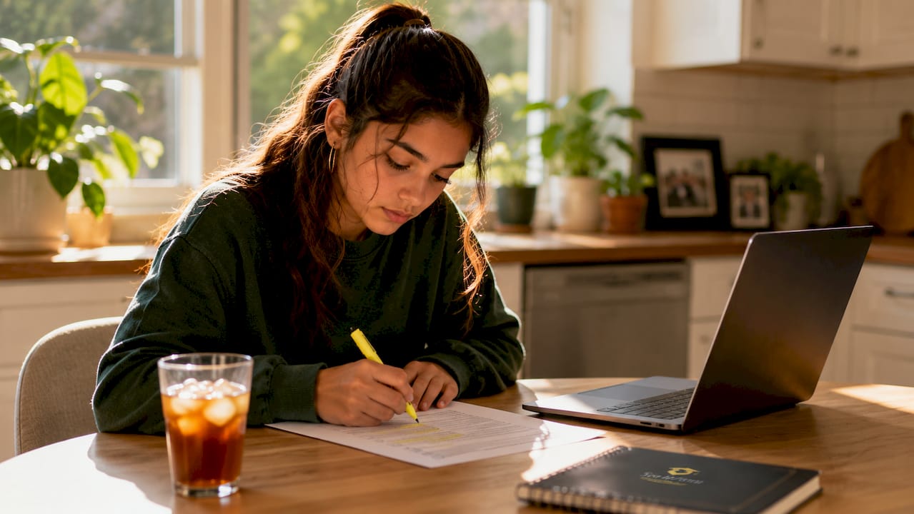 Student reviewing admissions checklist at desk