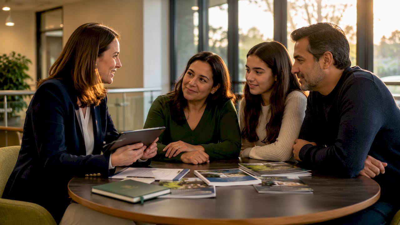 Admissions counselor advising family in office