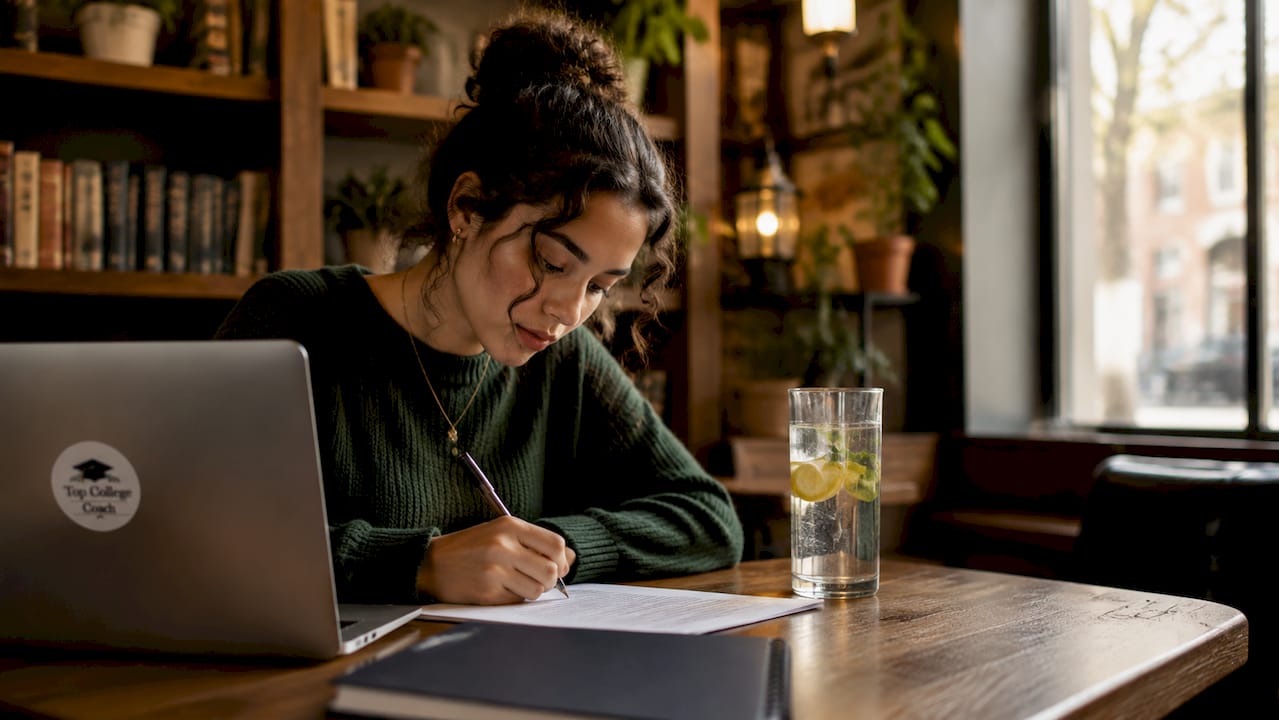 Student carefully writing college essay at desk