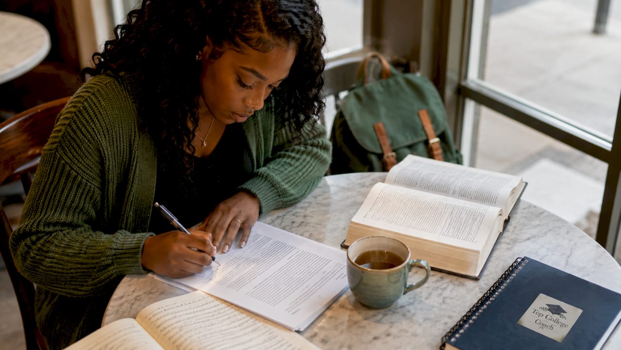Student writing college application essay at kitchen table