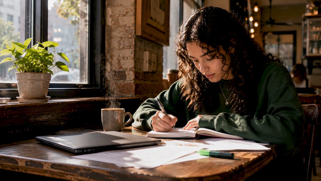 Student writing personal statement essay at kitchen table