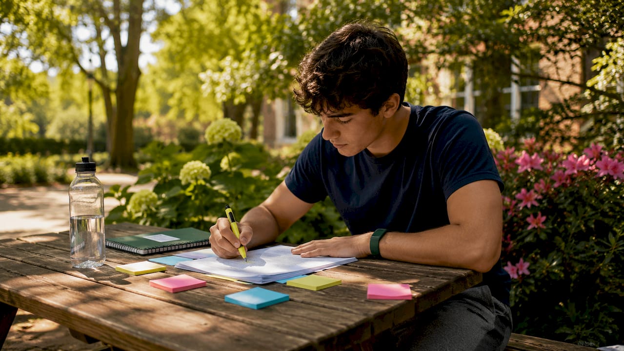 Student highlighting essay draft in campus library
