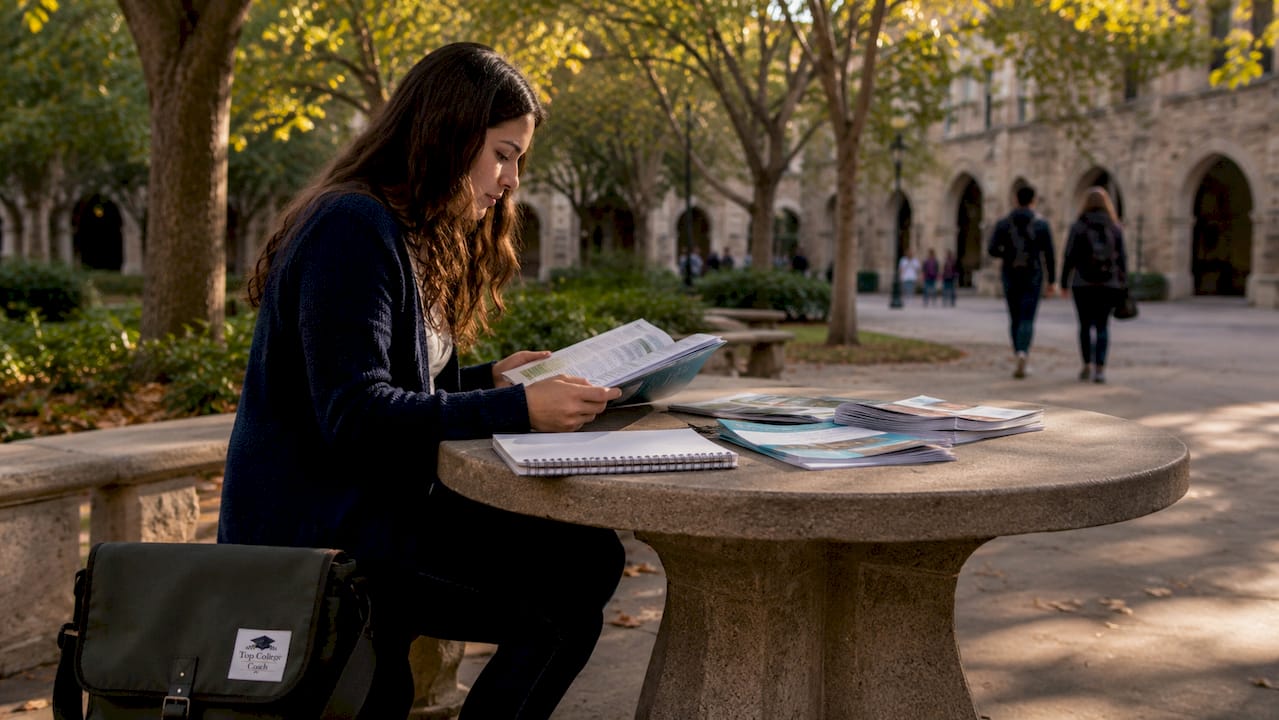Student reading university rankings guide outdoors