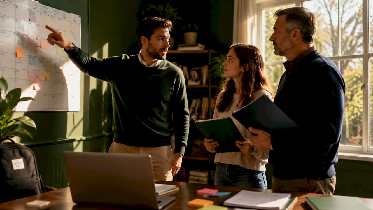 Counselor explaining application timeline to family