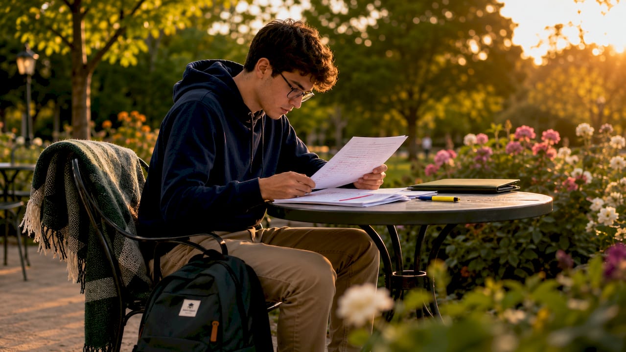 Student reviewing printed essay drafts at café