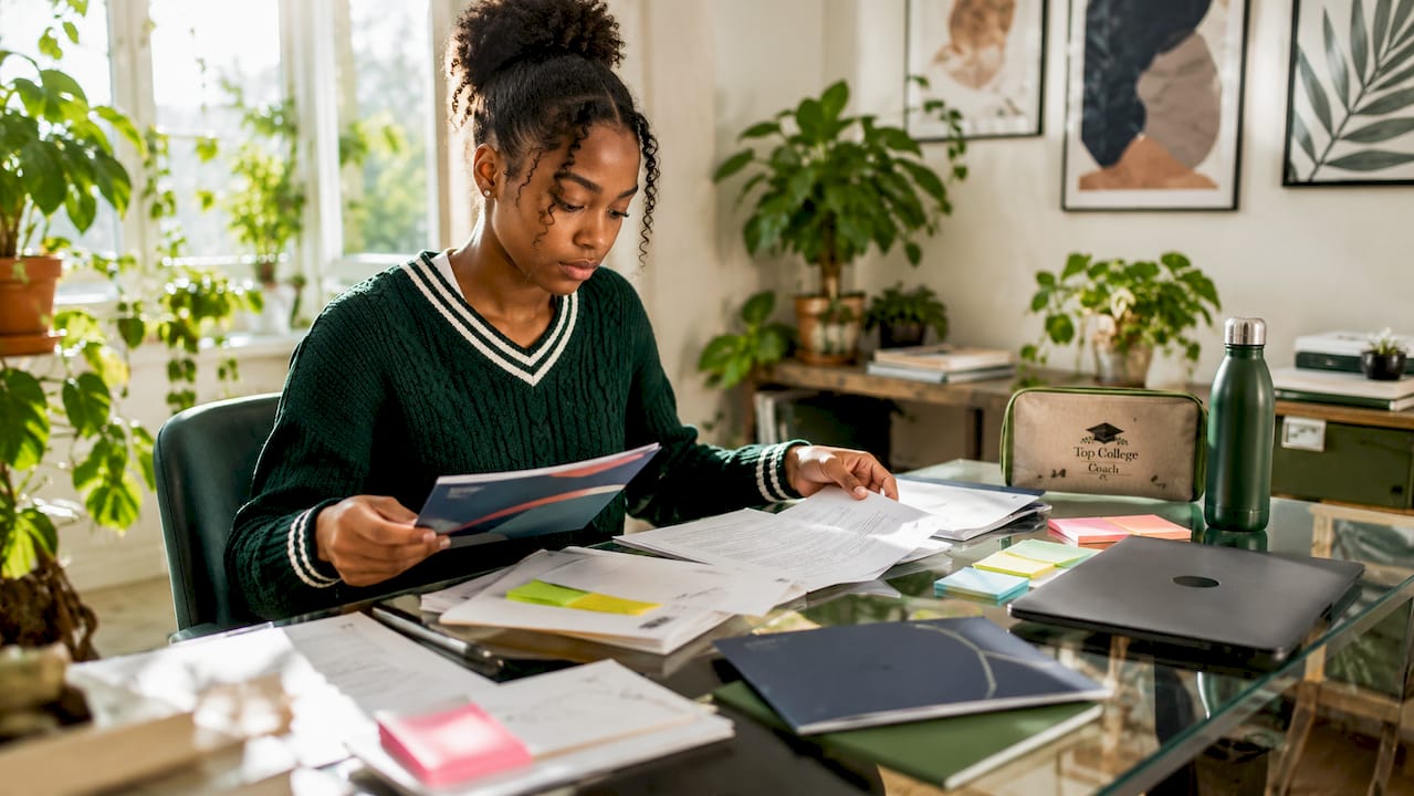 Student preparing Ivy League applications at desk