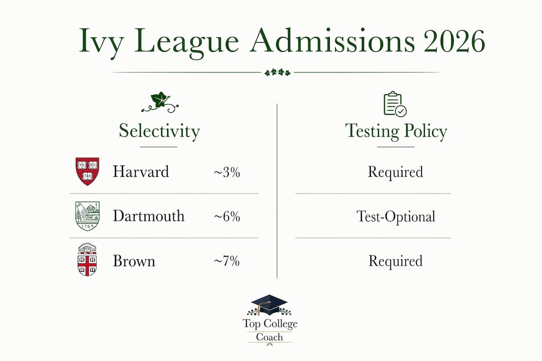 Infographic comparing Ivy League selectivity and testing policies