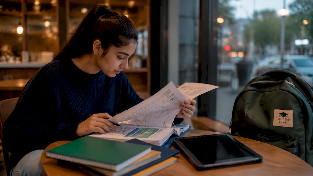 Student reviewing college admissions portfolio