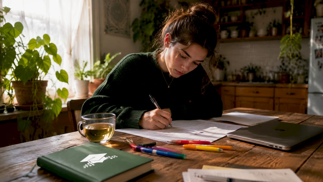 Student preparing Harvard application checklist at desk