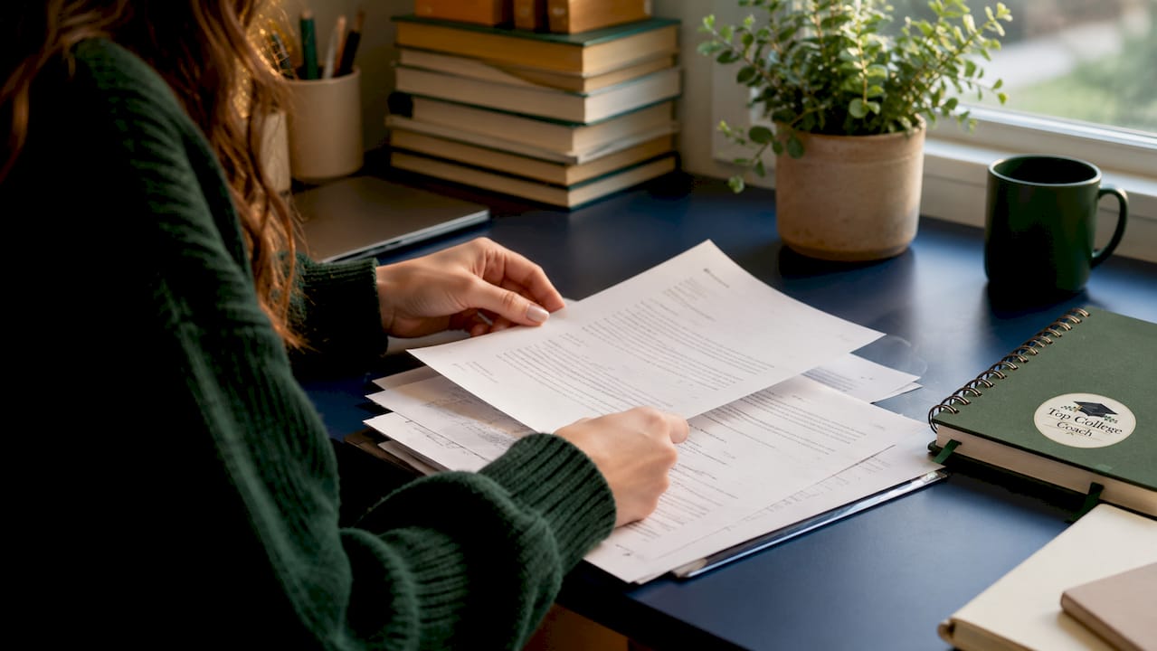 Overhead hands holding teacher recommendation folder on desk
