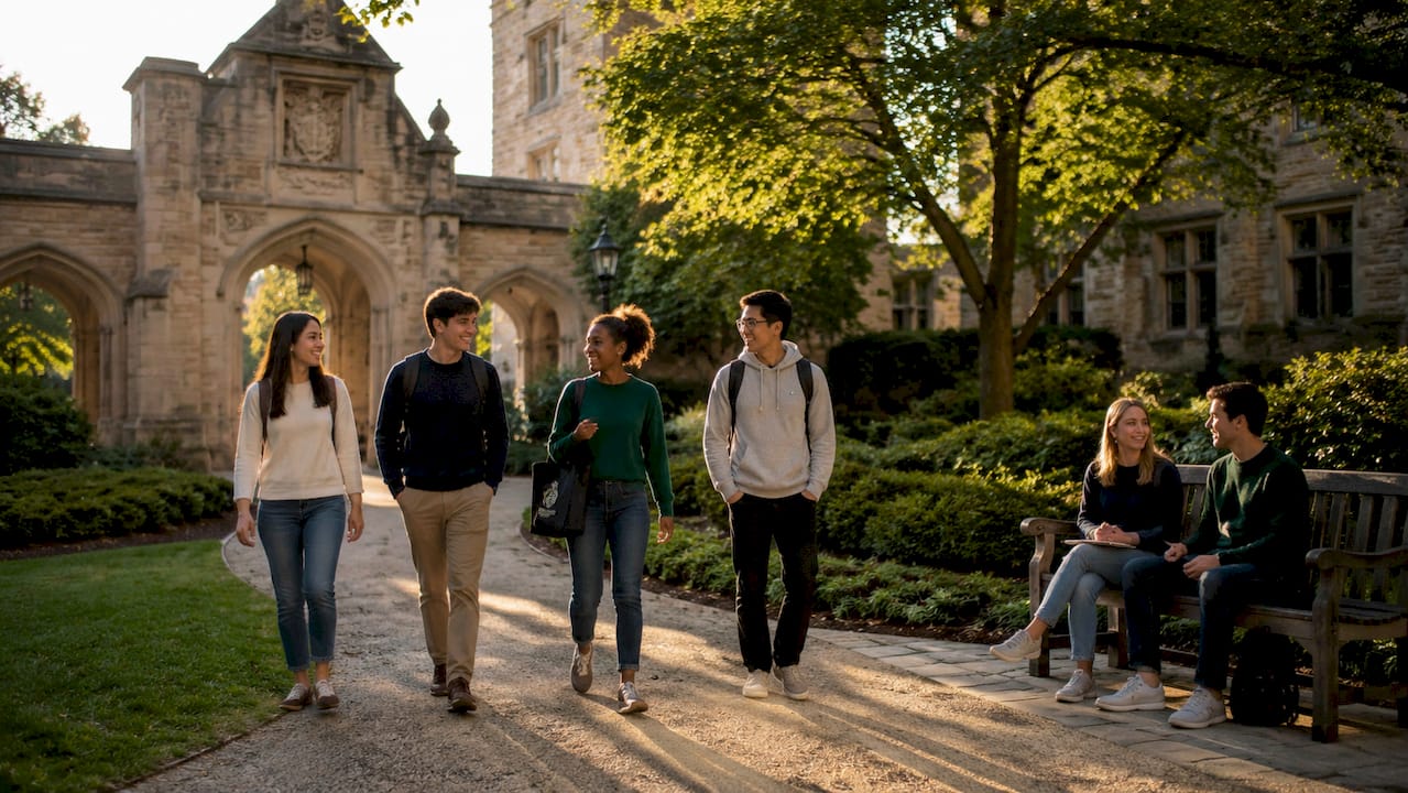 Elite university campus entrance with students walking