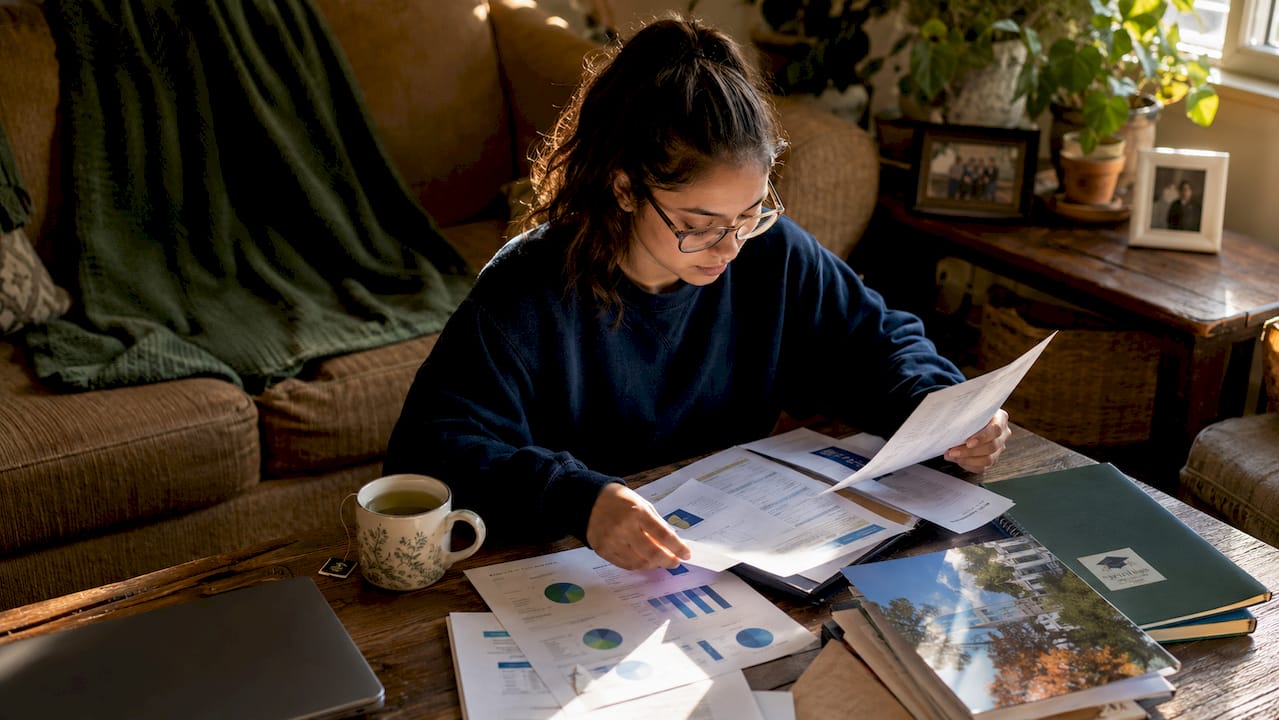 Student reviewing college acceptance documents at table
