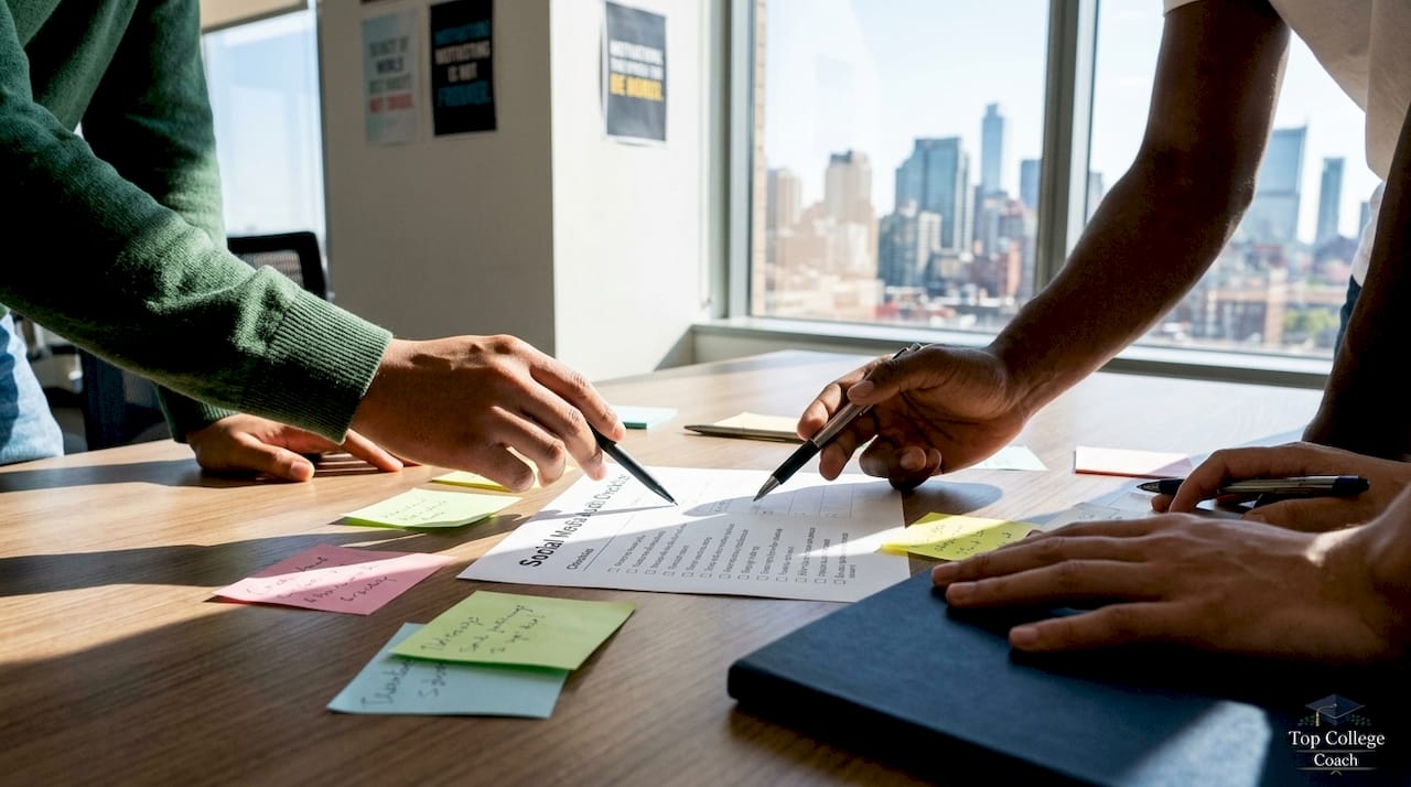 Hands reviewing social media audit checklist