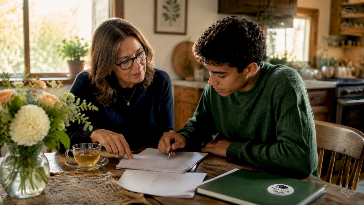 Private counselor advising student at desk