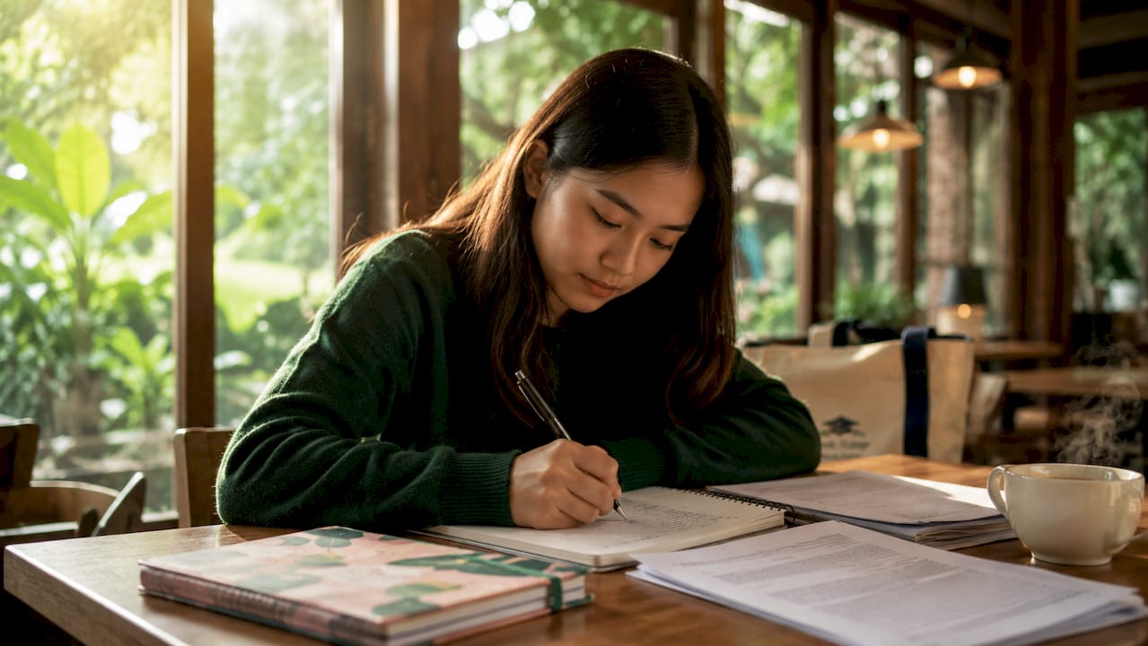 Side view of student typing essay at desk
