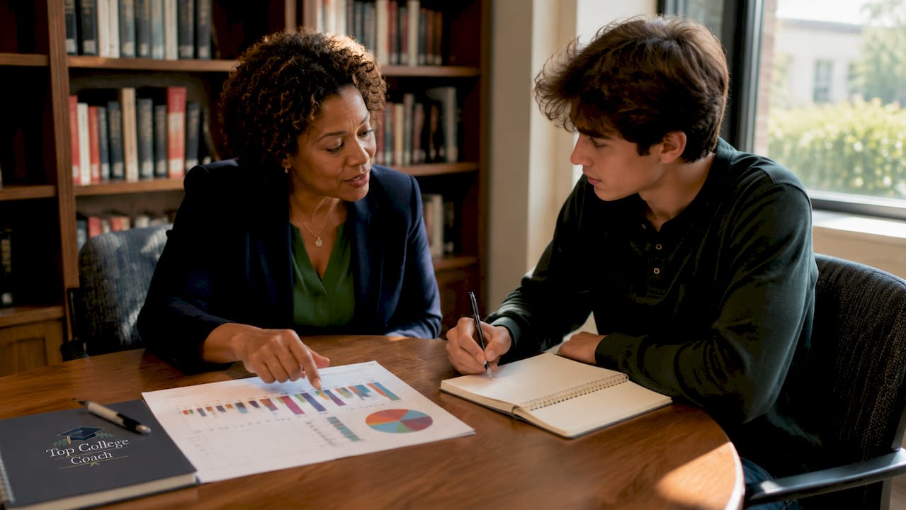 Counselor advising student on acceptance rates