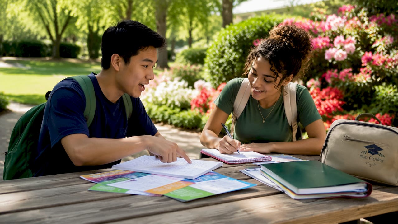 Two students discussing college transfer admissions