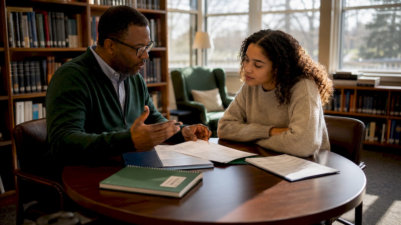 Counselor and student discussing academic transcript