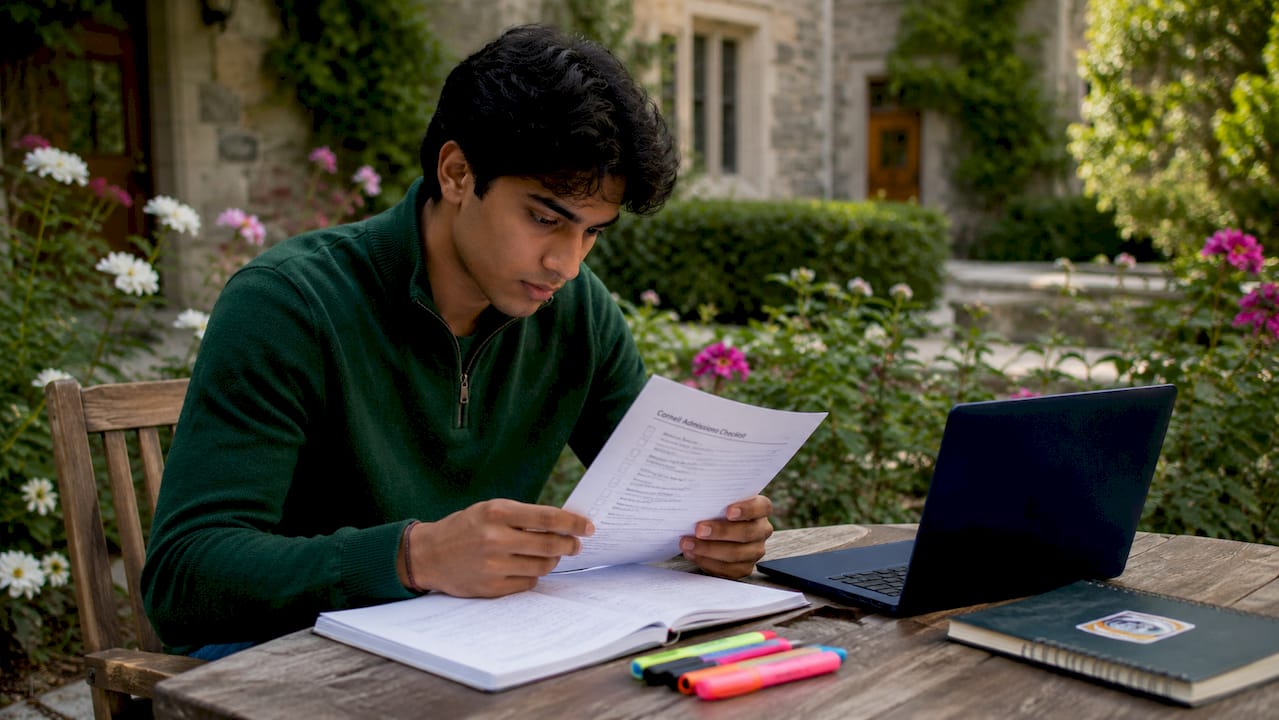 Student reviewing Cornell admissions checklist