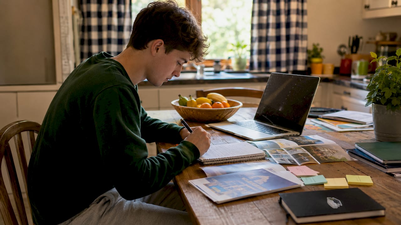 Student composing college school list on floor