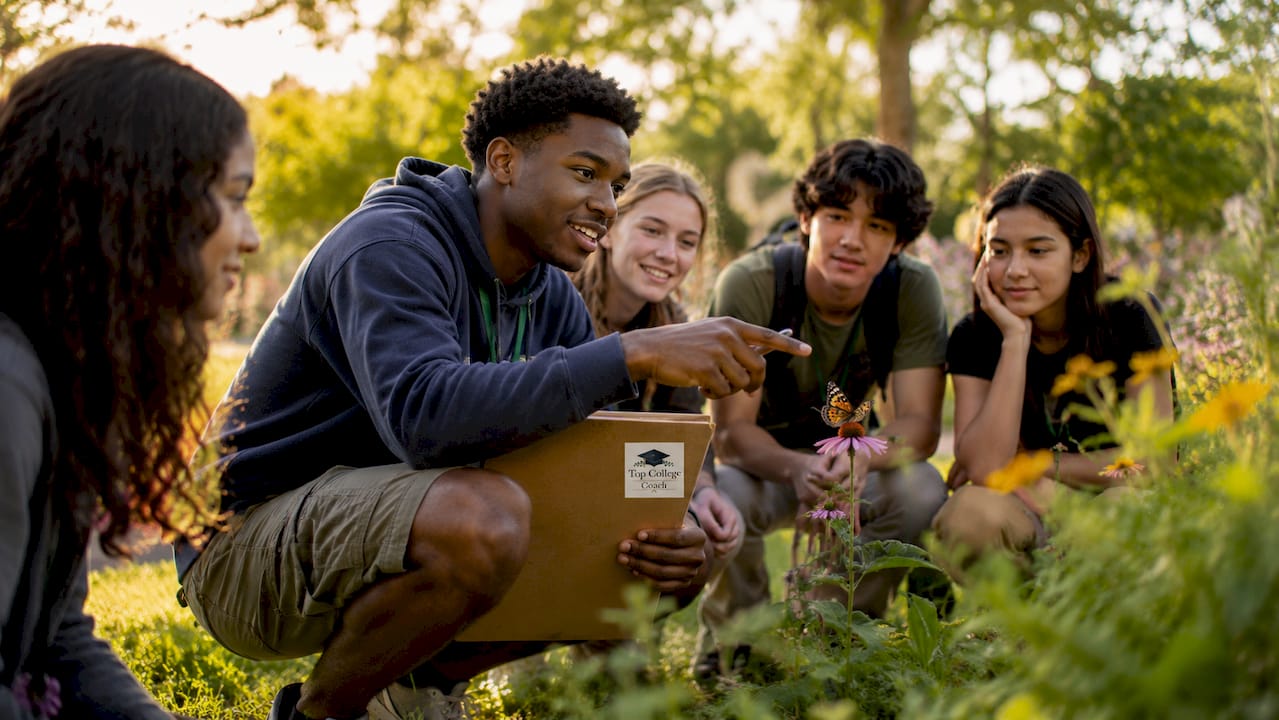 Student leading community garden group outdoors