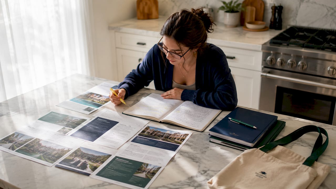 Student reviewing college match brochures