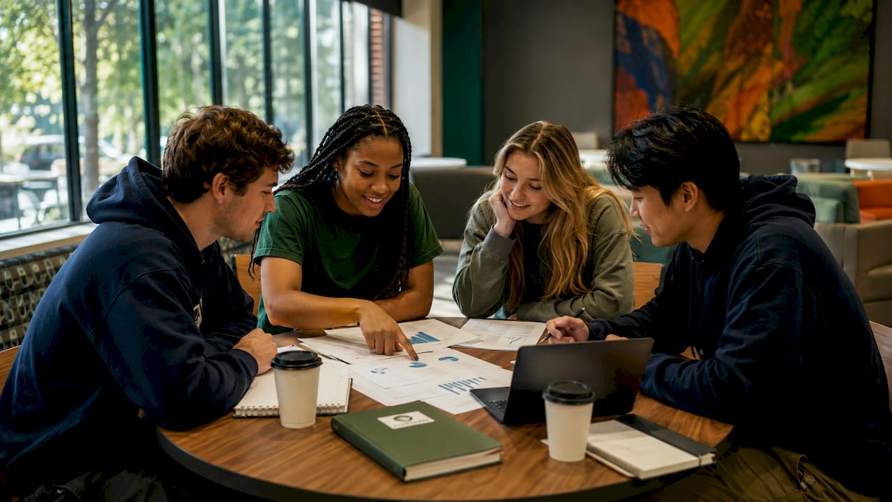 Students analyzing college acceptance statistics